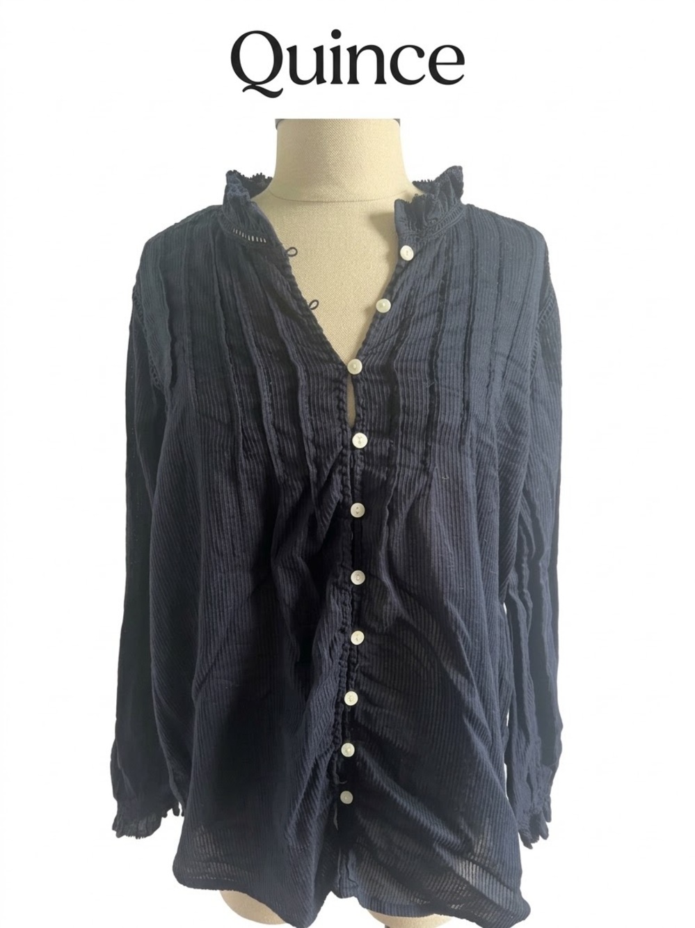Quince Navy Organic Pintuck Ruffled Collar Button-Down Blouse